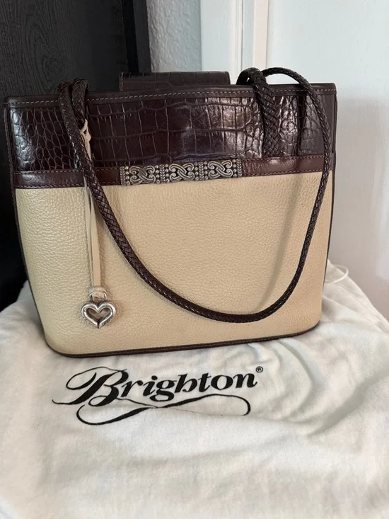 Brighton Liana Bone/Choc Satchel with Dust Cover and Box - Picture 4 of 11